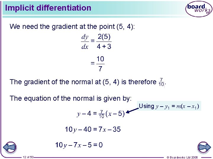 Implicit differentiation We need the gradient at the point (5, 4): The gradient of
