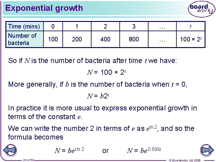 Exponential growth Time (mins) Number of bacteria 0 1 2 3 … t 100