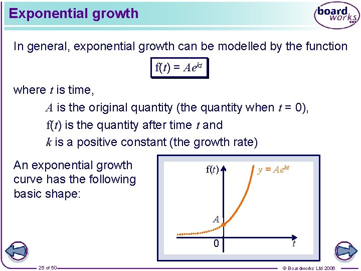 Exponential growth In general, exponential growth can be modelled by the function f(t) =