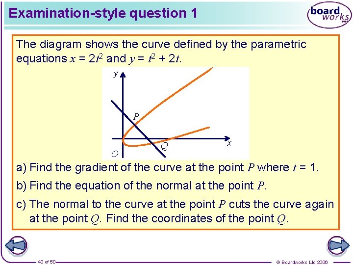Examination-style question 1 The diagram shows the curve defined by the parametric equations x
