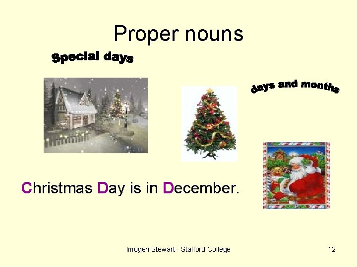 Proper nouns Christmas Day is in December. Imogen Stewart - Stafford College 12 