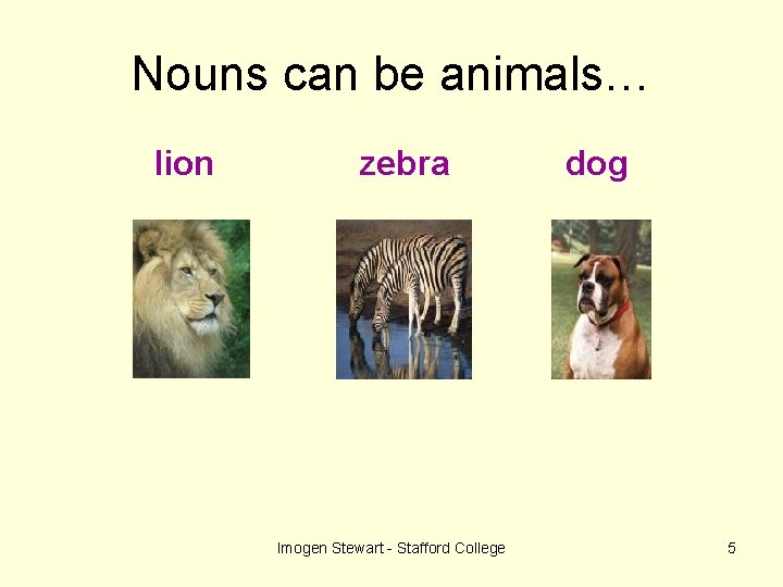 Nouns can be animals… lion zebra Imogen Stewart - Stafford College dog 5 