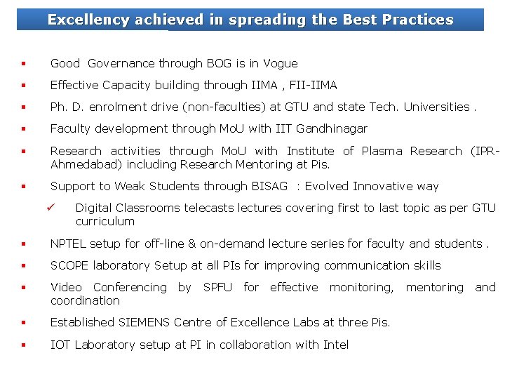Excellency achieved in spreading the Best Practices § Good Governance through BOG is in