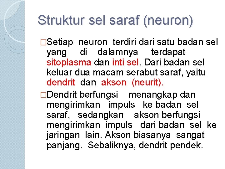 Struktur sel saraf (neuron) �Setiap neuron terdiri dari satu badan sel yang di dalamnya