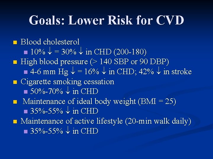 Goals: Lower Risk for CVD n n n Blood cholesterol n 10% = 30%