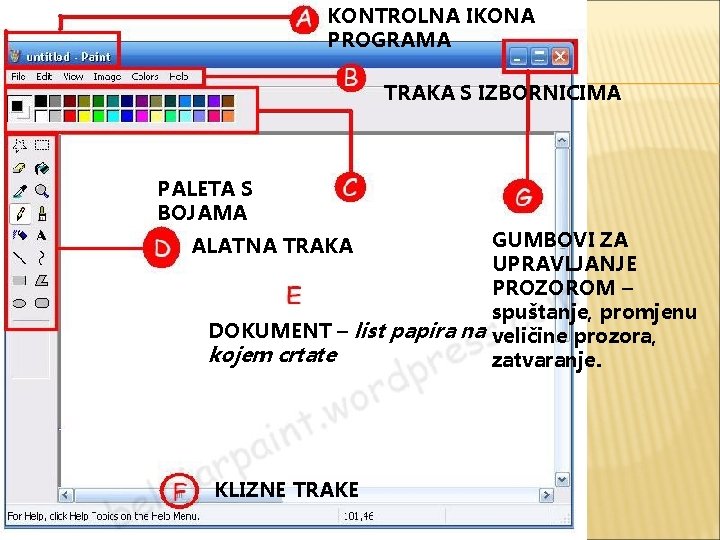 KONTROLNA IKONA PROGRAMA TRAKA S IZBORNICIMA PALETA S BOJAMA GUMBOVI ZA UPRAVLJANJE PROZOROM –