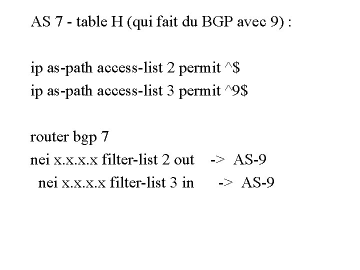 AS 7 - table H (qui fait du BGP avec 9) : ip as-path