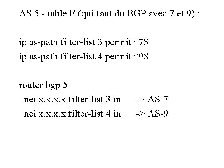 AS 5 - table E (qui faut du BGP avec 7 et 9) :