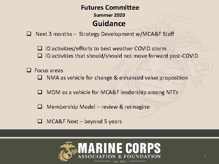 Futures Committee Summer 2020 Guidance q Next 3 months – Strategy Development w/MCA&F Staff
