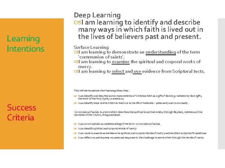 Learning Intentions Deep Learning I am learning to identify and describe many ways in