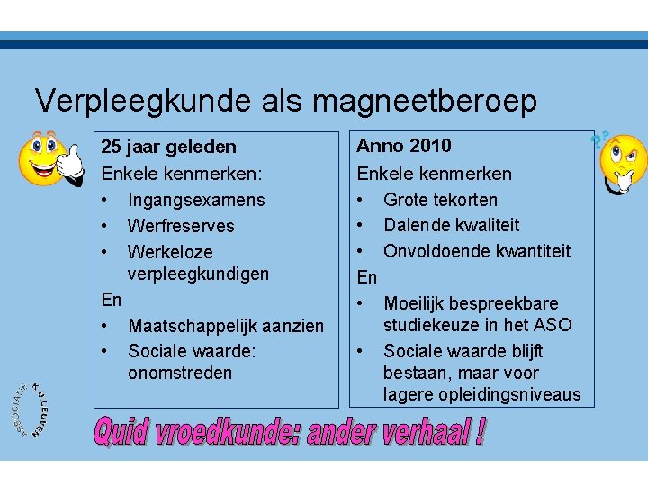 Verpleegkunde als magneetberoep 25 jaar geleden Enkele kenmerken: • Ingangsexamens • Werfreserves • Werkeloze