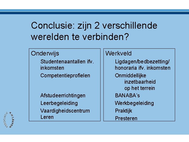 Conclusie: zijn 2 verschillende werelden te verbinden? Onderwijs Studentenaantallen ifv. inkomsten Competentieprofielen Afstudeerrichtingen Leerbegeleiding