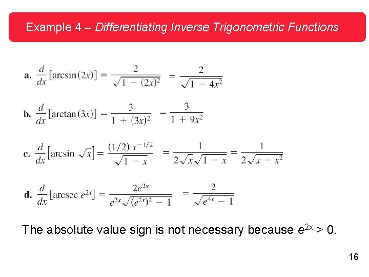 Example 4 – Differentiating Inverse Trigonometric Functions The absolute value sign is not necessary