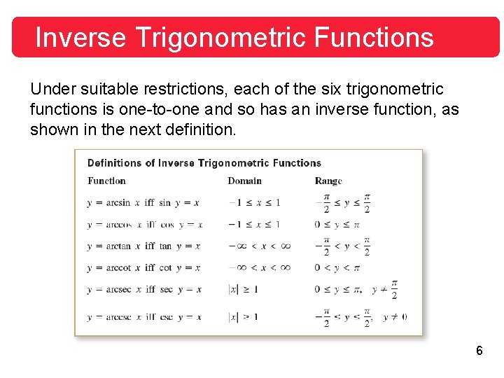 Inverse Trigonometric Functions Under suitable restrictions, each of the six trigonometric functions is one-to-one