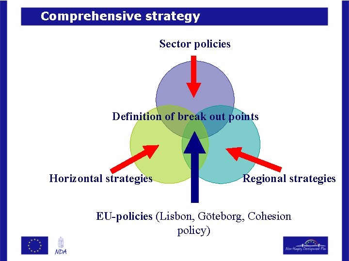 Comprehensive strategy Sector policies Definition of break out points Horizontal strategies Regional strategies EU-policies