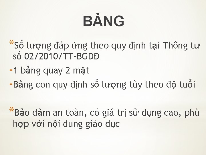 BẢNG *Số lượng đáp ứng theo quy định tại Thông tư số 02/2010/TT-BGDĐ -1