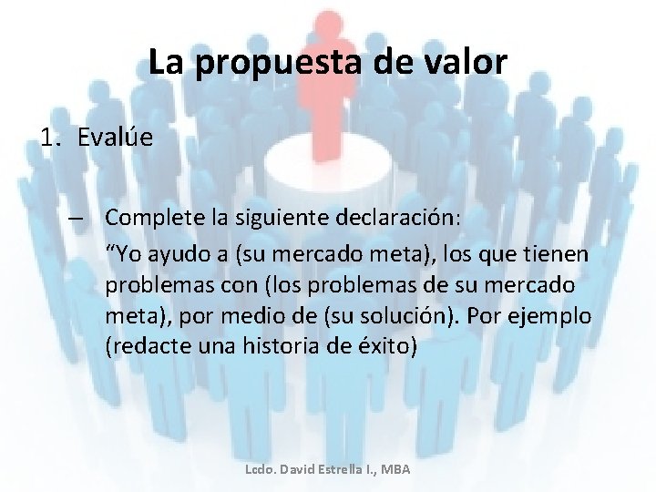 La propuesta de valor 1. Evalúe – Complete la siguiente declaración: “Yo ayudo a