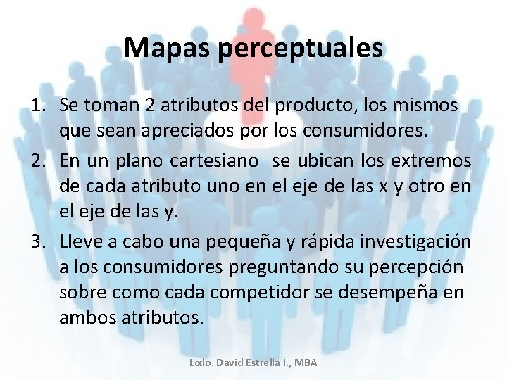 Mapas perceptuales 1. Se toman 2 atributos del producto, los mismos que sean apreciados