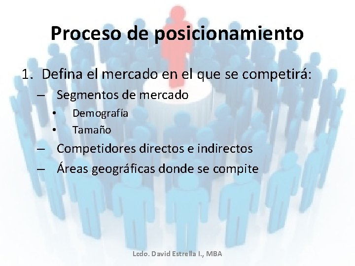 Proceso de posicionamiento 1. Defina el mercado en el que se competirá: – Segmentos