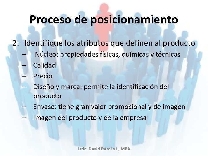 Proceso de posicionamiento 2. Identifique los atributos que definen al producto – Núcleo: propiedades