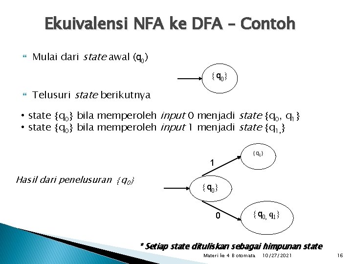 Ekuivalensi NFA ke DFA – Contoh Mulai dari state awal (q 0) q 0