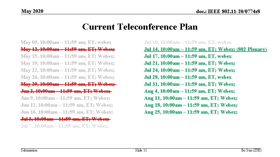 May 2020 doc. : IEEE 802. 11 -20/0774 r 8 Current Teleconference Plan May