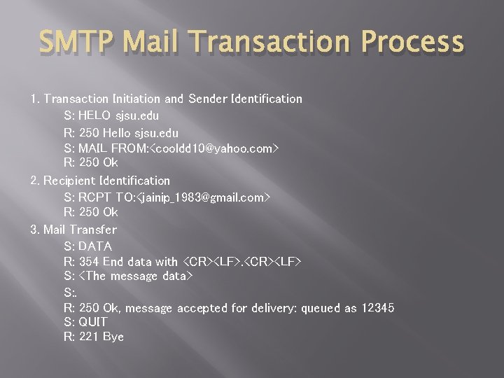 SMTP Mail Transaction Process 1. Transaction Initiation and Sender Identification S: HELO sjsu. edu
