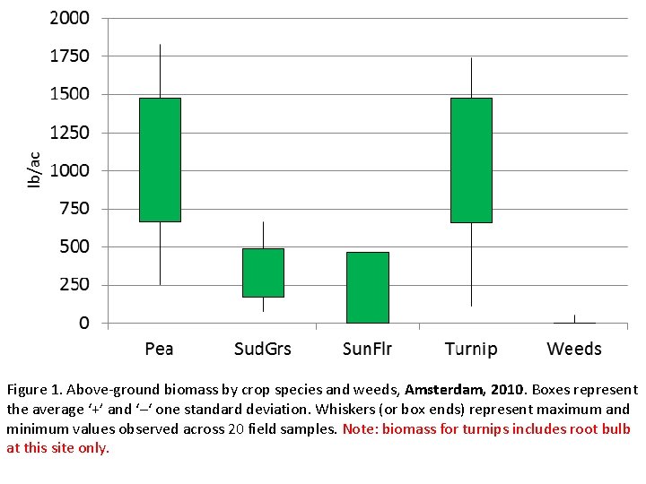 Figure 1. Above-ground biomass by crop species and weeds, Amsterdam, 2010. Boxes represent the