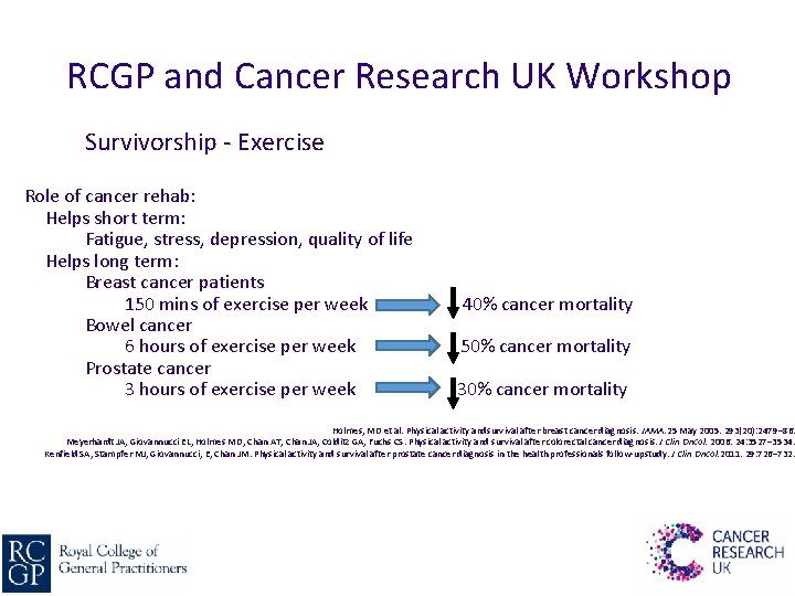 RCGP and Cancer Research UK Workshop Survivorship - Exercise Role of cancer rehab: Helps