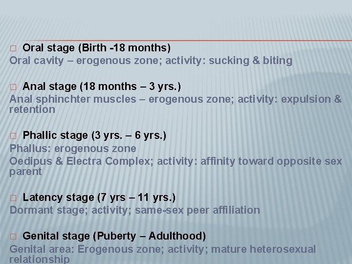 Oral stage (Birth -18 months) Oral cavity – erogenous zone; activity: sucking & biting