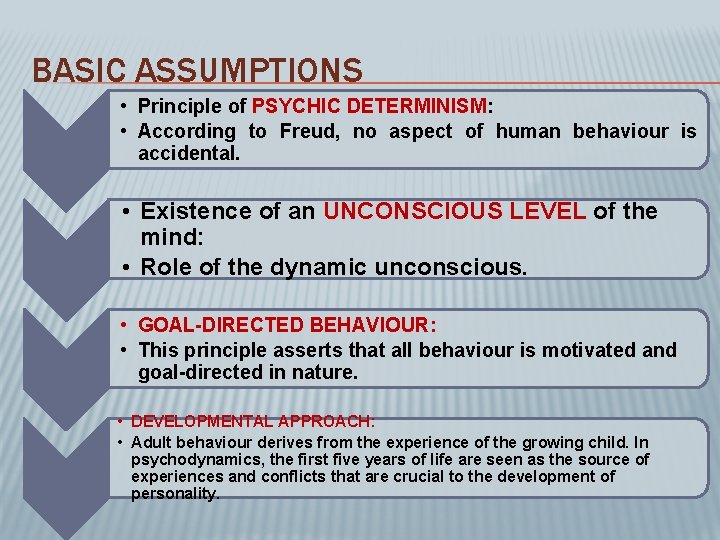 BASIC ASSUMPTIONS • Principle of PSYCHIC DETERMINISM: • According to Freud, no aspect of