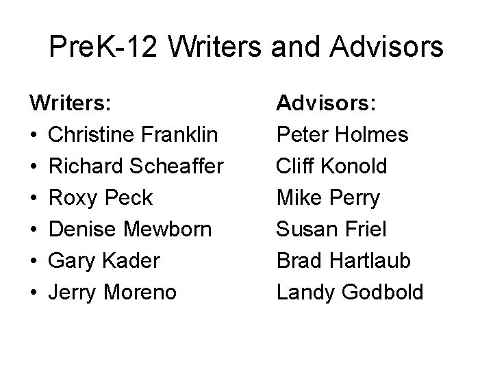 Pre. K-12 Writers and Advisors Writers: • Christine Franklin • Richard Scheaffer • Roxy Pre. K-12 Writers and Advisors Writers: • Christine Franklin • Richard Scheaffer • Roxy