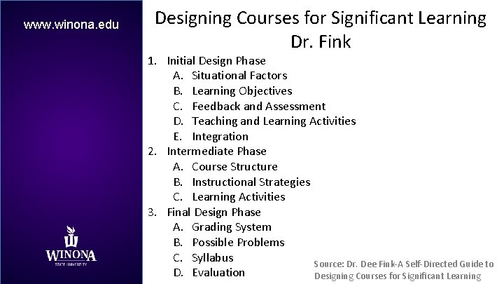 www. winona. edu Designing Courses for Significant Learning Dr. Fink 1. Initial Design Phase