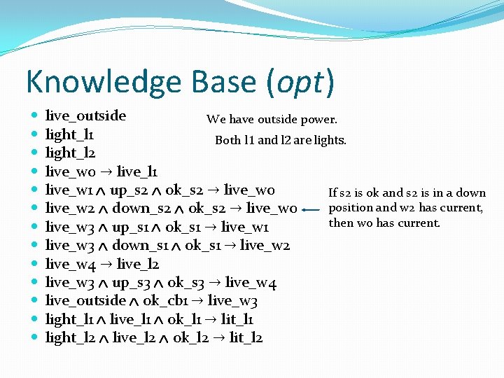 Knowledge Base (opt) live_outside We have outside power. light_l 1 Both l 1 and