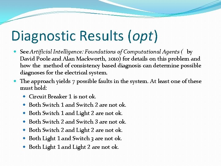 Diagnostic Results (opt) See Artificial Intelligence: Foundations of Computational Agents ( by David Poole