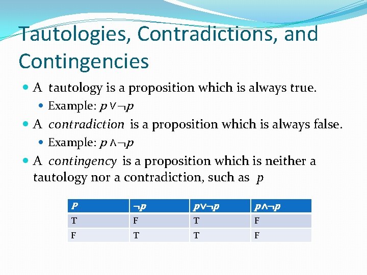 Tautologies, Contradictions, and Contingencies A tautology is a proposition which is always true. Example: