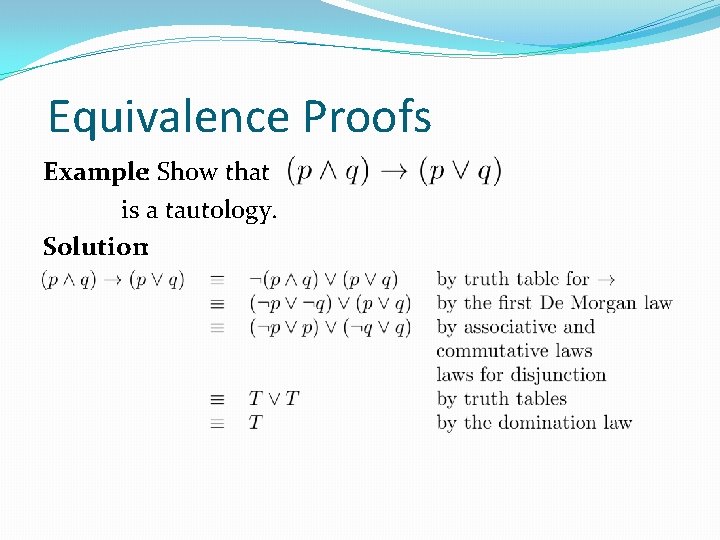 Equivalence Proofs Example: Show that is a tautology. Solution: 