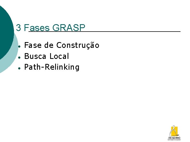 3 Fases GRASP Fase de Construção Busca Local Path-Relinking 