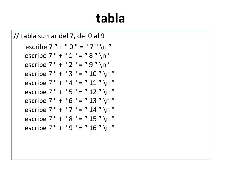 tabla // tabla sumar del 7, del 0 al 9 escribe 7 " +