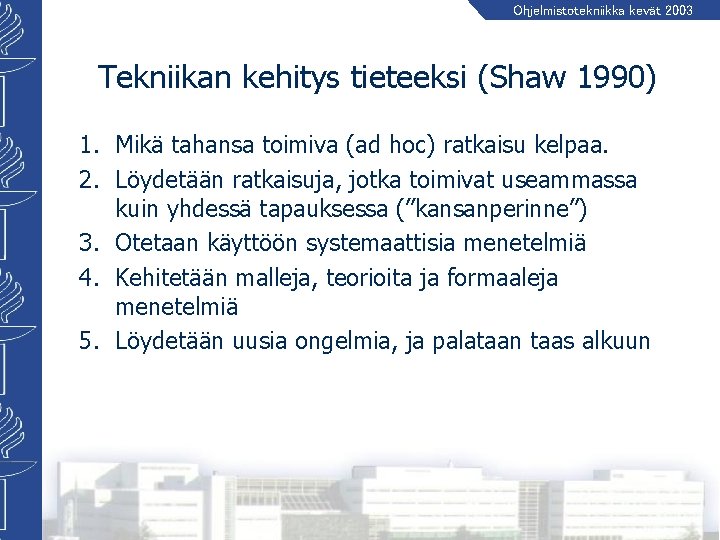 Ohjelmistotekniikka kevät 2003 Tekniikan kehitys tieteeksi (Shaw 1990) 1. Mikä tahansa toimiva (ad hoc)