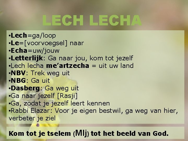 LECHA • Lech=ga/loop • Le=[voorvoegsel] naar • Echa=uw/jouw • Letterlijk: Ga naar jou, kom