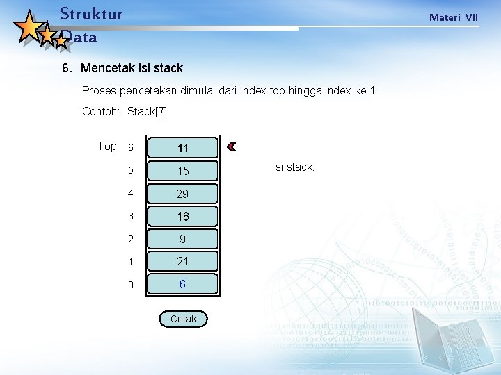 Struktur Data Materi VII 6. Mencetak isi stack Proses pencetakan dimulai dari index top