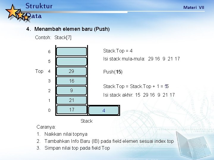 Struktur Data Materi VII 4. Menambah elemen baru (Push) Contoh: Stack[7] Stack. Top =