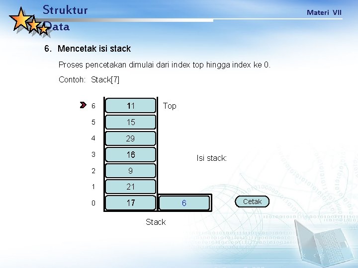 Struktur Data Materi VII 6. Mencetak isi stack Proses pencetakan dimulai dari index top