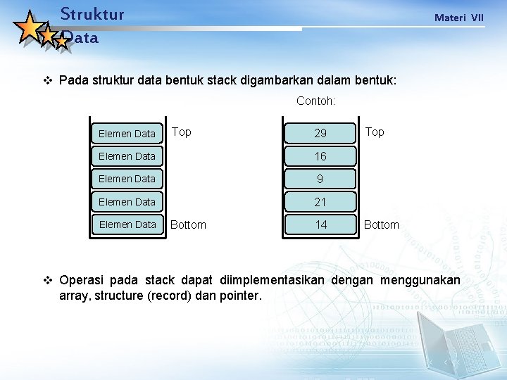 Struktur Data Materi VII v Pada struktur data bentuk stack digambarkan dalam bentuk: Contoh: