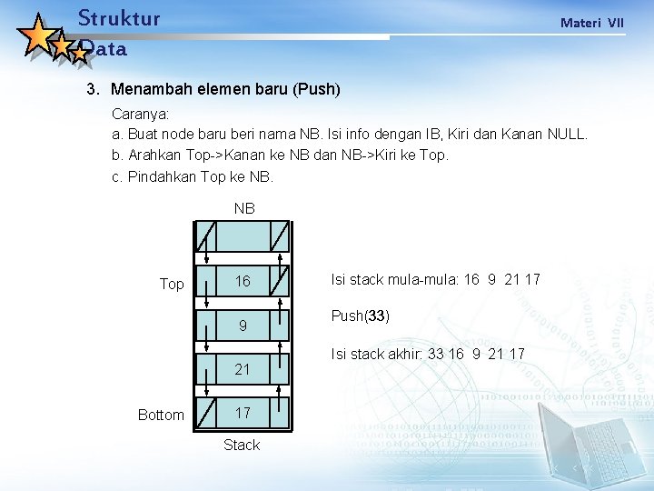 Struktur Data Materi VII 3. Menambah elemen baru (Push) Caranya: a. Buat node baru