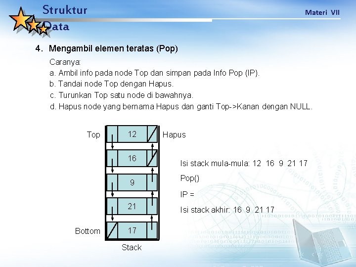Struktur Data Materi VII 4. Mengambil elemen teratas (Pop) Caranya: a. Ambil info pada
