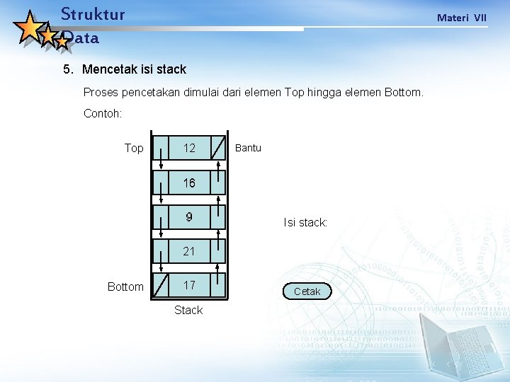 Struktur Data Materi VII 5. Mencetak isi stack Proses pencetakan dimulai dari elemen Top