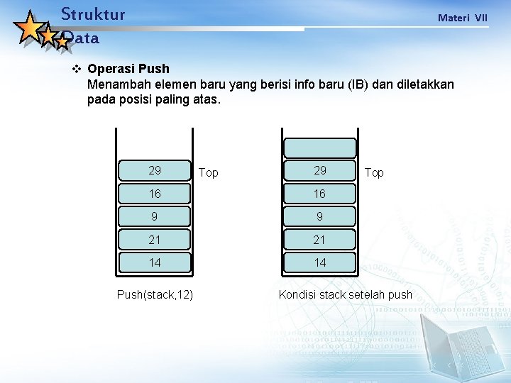 Struktur Data Materi VII v Operasi Push Menambah elemen baru yang berisi info baru