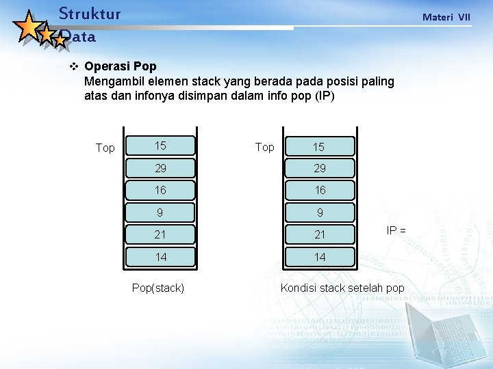 Struktur Data Materi VII v Operasi Pop Mengambil elemen stack yang berada posisi paling